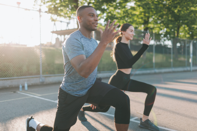 A man and woman perform lunges to demonstrate the benefits of Sermorelin injections.