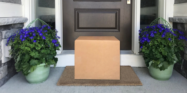 A brown delivery box sits outside of a closed door.