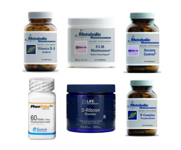 Photo of six supplements, vitamin D-3, R.E.M. Maintenance poweser, Anxiety Control, Phentermine tablets, D-Ribose powder, B-Complex supplements