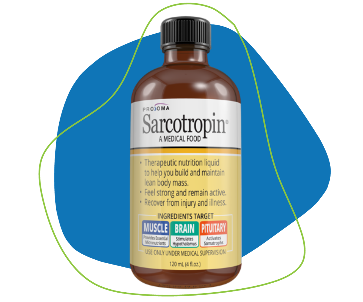 A bottle of sarcotropin on a blue background.